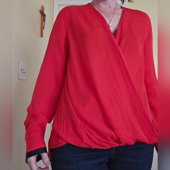 RAG & BONE Red Silk Wrap Blouse Hi Lo Hem Long Sleeve Large - Picture 4 of 8